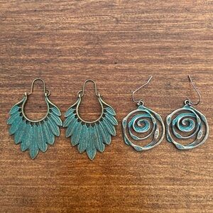 Boho Patina Green and Gold-tone Earrings Set